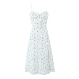 Purpdrank  Sexy White Floral Print Cross Lacing up Bandage Back Sling Dress Women Corset Style Bow Ruched Chest Hem Slit Swing Midi Robe