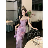 Purpdrank   Knot Dyeing One-Shoulder Long Dress Sexy Backless Wrap High Waist A-Line Skirt Breathable Polyester Spring Summer