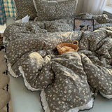 Purpdrank   Korean Pure Cotton Floral Bedding Set Luxury Skin-Friendly Quilt Cover Kit with Fitted Sheet Four Seasons Soft Lace Bedclothes