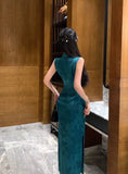 Purpdrank  Vintage Peacock Blue Green Sleeveless Dress Qipao New Chinese Style Printed Long Elegant Floral Print Cheongsam Slim Morden