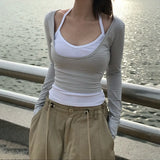 Purpdrank  Harajuku Fake Two Pieces Stripe T-shirts Y2k Aesthetic Casual Halter Cropped Tshirts Autumn Women Patchwork Grunge Bodycon Tops