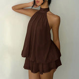 Purpdrank  Women Fashion Hight Waist Puffy Short Dress Elegant Lace-Up Solid Color Vacation Dresses Sexy Halter Backless Hollow Cake Dress