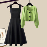 Purpdrank - 2023 Autumn Winter New Fashion Knit Sweater Top+Black Dress Two Piece Set Women's Korean Elegant Cardigan Blouse Midi Skirt Suit