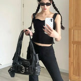Purpdrank  Belt buckle Women PU Rivet Multiple Pockets Shoulder Bag for Women Y2k Gothic Aged Leather New Designer Luxury Fashion Tote Bag
