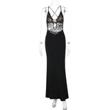 Purpdrank  Black Lace Mesh Maxi Dress for Women Sexy Metal Circle Cut Out Deep V Neck Sleeveless Criss Cross Back Bodycon Party Dress