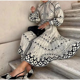 Purpdrank  Spring Women Vintage Long Dress Print Sashes Lantern Long sleeve Dresses Female Summer Elegant Fashion Office Lady Clothes