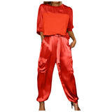 Purpdrank  Women Satin Two Piece Set Half Sleeve Top And Drawstring Waist Jogger Pants With Pockets Casual Office Lady Summer Outfit