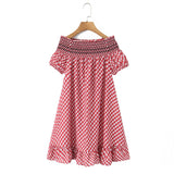 Purpdrank  Romantic Red Plaid Wood ears Ruffles Spliced Slash Shoulder Short Sleeve Dress Women Ruffles Hem Loose Mini Dresses Vestidos