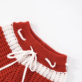Purpdrank  Striped Sexy Drawstring Knitted Women Two Piece Sweater Short Set 2025 Summer Fashion Hollow Out Tube Top and Mini Shorts Outfit