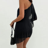 Purpdrank  Asymmetrical One Shoulder Cape Shoulder Side Ruched Bodycon Dress