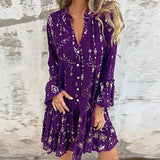 Purpdrank  Gold Bronzing Geometry Print Pleated Dresses Women Spring V Neck Button Hollow A-Line Dress Autumn Flare Sleeve Lace Party Dress