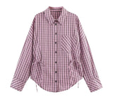Purpdrank  Spring Summer Fashion Pink Plaid Lapel Collar Long Sleeve Shirt Women Side Lacing up Bow Waist Loose Asymmetry Blouses Tops