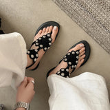 Purpdrank   Women's Black Cow Suede Low Heel Sandal Summer Fashion Studded Decor Thong Sandals Ankle Strap Slip-On Summer Beach Shoes