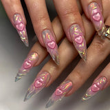 Purpdrank  24pcs 3D Blue Heart Press on Nails Medium Almond Fake Nails with Glue Full Cover Pink Gradient Y2k False Nails Sweet Cool Nail