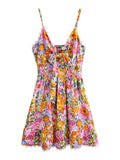 Purpdrank  Sexy Colored Flower Print Tide Bow V neck Mini Sling Dress Women Slim Elastic Waist Party Skater Short Sling Robe Holiday