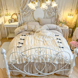 Purpdrank  100% Cotton Vintage French Pleated Lace Ruffles Bow Princess Bedding Set Duvet Cover Set Bed Skirt Bedspread Pillowcases