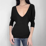 Purpdrank  V-Neck Long Sleeve Knitwear Autumn Fashion Women's Waist Cinching Versatile Casual Lazy Style Batwing Sleeve Black Elegant Tops