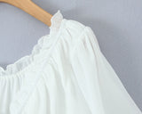 Purpdrank  Sweet White Embroidery Hollow Out Hole Splice Lace Elastic U Collar Short Sleeve Shirt Women Center Buttons Slim Crop Tops