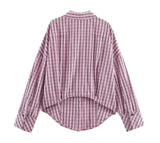 Purpdrank  Spring Summer Fashion Pink Plaid Lapel Collar Long Sleeve Shirt Women Side Lacing up Bow Waist Loose Asymmetry Blouses Tops