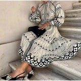 Purpdrank  Spring Women Vintage Long Dress Print Sashes Lantern Long sleeve Dresses Female Summer Elegant Fashion Office Lady Clothes