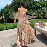 Purpdrank  New Floral Waist-Cinching Slimming 7m Pleated Long Halter Dress for Women