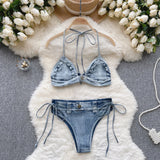 Woman Denim Underwear Suits Halter Short Bra+Lace Up Thongs Sexy Hot Bikini Erotic Porn Lingerie Sets Sensual 2 Pieces Beach New