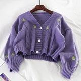 Purpdrank  Women Knitted Cute Fashion Loose Sweater Spring Autumn V-Neck Lantern Sleeve Embroidery Floral Harajuku Female Cardigan