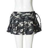 Purpdrank  Sexy Low Waist Camouflage Pleated Mini Skirts Womens 2025 New Fashion Drawstring Bandage Zipper Y2K Summer Skirt With Rivet Belt