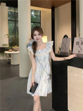 Purpdrank  French Ruffled Lace Square Neck Small Flying Sleeve Floral Dress Summer New Style Waist-hugging Short Skirt