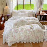 Purpdrank  100% Cotton Korean princess style Floral Lace Ruffles Bedding Set Duvet Cover Set Quilted Bed Skirt Fitted Sheet Pillowcases