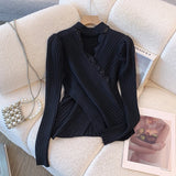 Purpdrank  Lace Criss-Cross Knitted Sweaters Women's Autumn Winter Sexy Hollow Out Pullovers Popular V-neck Long Sleeve Slim Tops Knitwear