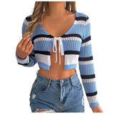 Purpdrank  Women Striped Crochet Knit Crop Top Color Block Stripe V Neck Tie Front Long Sleeve Hollow Out Cardigan Y2k Harajuku Streetwear