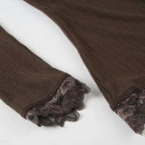 Purpdrank  American Retro Y2k Sexy Sweet Lace Bow V Neck Long Sleeve Slim Solid Streetwear T-Shirts