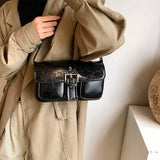 Purpdrank  Retro Women Bags Belt Buckle Design Single Shoulder Bag Flap Shape Pure Color Casual Street Underarm Satchels Latest