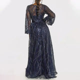 Purpdrank  Long V-Neck Sequin Dress Elegant Bow-Knot Party Dress Polyester Fabric High Waist Bubble Sleeve Floor-Length Simple Chic