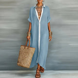 Purpdrank  Women's Spring Contrast Collar Shirt Dresses Casual Buttons Short Sleeve Loose Maxi Dress Summer Beach Vacation Long Dress Mujer
