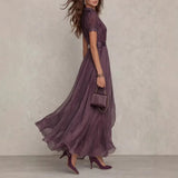 Purpdrank  Elegant Lace Party Long Dresses For Women Summer Fashion Solid Color Short Sleeve O-neck Slim Maxi Dress Casual