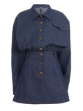Purpdrank  Women's Denim Dress Vintage Style Blue Turn Down Collar Long Sleeve Metal Buttons Slim Short Jeans Dress Casual Streetwear