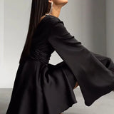 Purpdrank  New Fashion Deep V Pleated Solid Color Dress Lady Sexy Backless Lace Up Mini Dress French Satin Flared Sleeve Waist A-line Dress