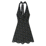Purpdrank  Sexy Black Floral Print Spliced Lace Bow Halter V Collar Backless Mini Dress Women Elastic Zipper Back A-line Short Robe Holiday