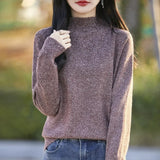 Purpdrank  Women's Loose Fit Knitted Sweater Half High Collar Soft Fleece Winter Thickened Floral Thread Knit Top Lazy Base Layer Shirt