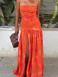 Purpdrank  Elegant Strapless Print Long Dress Women Off Shoulder Sleeveless Split Vestidos Female 2025 Summer Fashion Chic A Line Robe