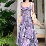 Purpdrank  Spring New Women French Sleeveless Retro Camisole Dress Irregular Mesh Printed Dress Slim Ruffles Long Fairy Dress