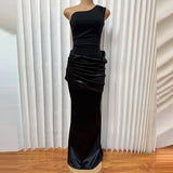 Purpdrank  Sexy Slanted Collar Backless Evening Dress Elegant Patchwork Satin Solid Long Dress Women Fashion Sleeveless Slim Bodycon Dress