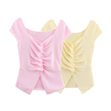 Purpdrank  Sweet Slim Fold Decoration Summer New Women's Fashion French Round Neck Knitted Top