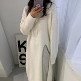 Purpdrank Retro Split Woolen Dress Women Sexy Autumn White Solid O-neck Soft Long Knitted Dresses Women Clothing Winter Knitwear Chic