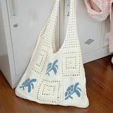 Purpdrank  Casual Cartoon Turtle Knitting Shoulder Bag Hollow Large Capacity Beach Bag Knitted Beige Brown Underarm Bag Vacation