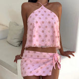 Purpdrank  Women Fashion Pattern Printed Club Party Outfits Elegant Split Tie-Up MIni Skirt 2Pc Sets Sexy Halter Tops and Short Skirt Suit