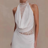 Purpdrank  White Hollow Out Sleeveless Satin Women's Dress New Temperament Slim Fit Party Dresses Lace Patchwork Sleeveless Evening Dress