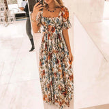 Purpdrank  Summer Beach Dress Women Casual Short Sleeve Square Collar Elastic Waist High Waist Bohemian Floral Print Maxi Dress Plus Size